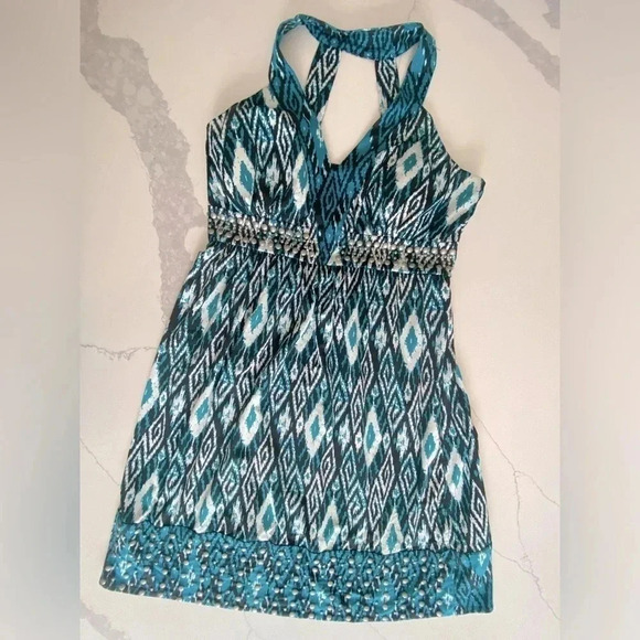 INC Women’s V-Neck Halter Mini Dress Studded Black, Blue, White Aztec Medium EUC - Picture 2 of 9